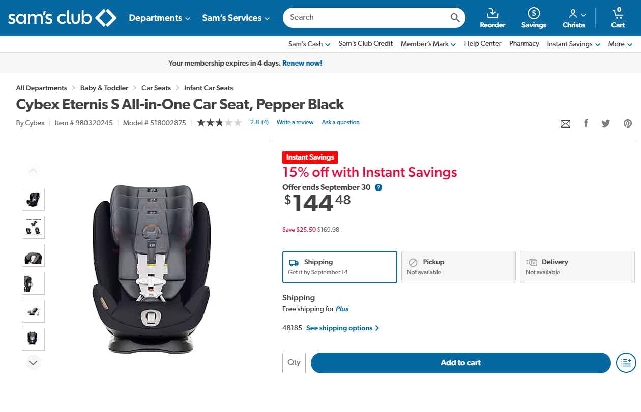 A product page for a Cybex car seat on the Sam's Club website showing instant savings.