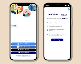 upside cash-back app screenshots for login and getting started