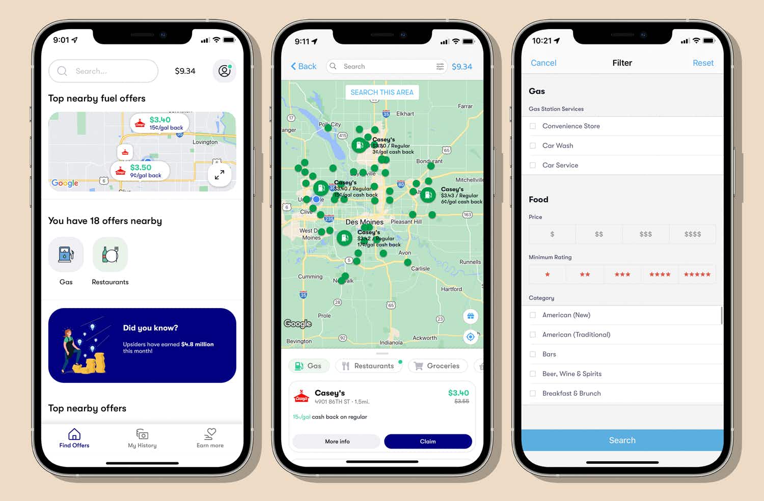 upside cash-back app screenshots for nearby offers, map, and filters view
