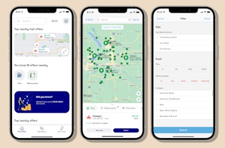 upside cash-back app screenshots for nearby offers, map, and filters view