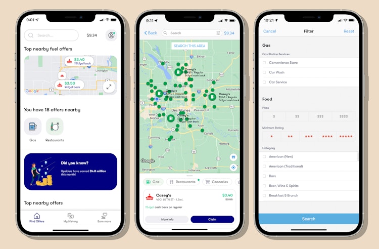 upside cash-back app screenshots for nearby offers, map, and filters view