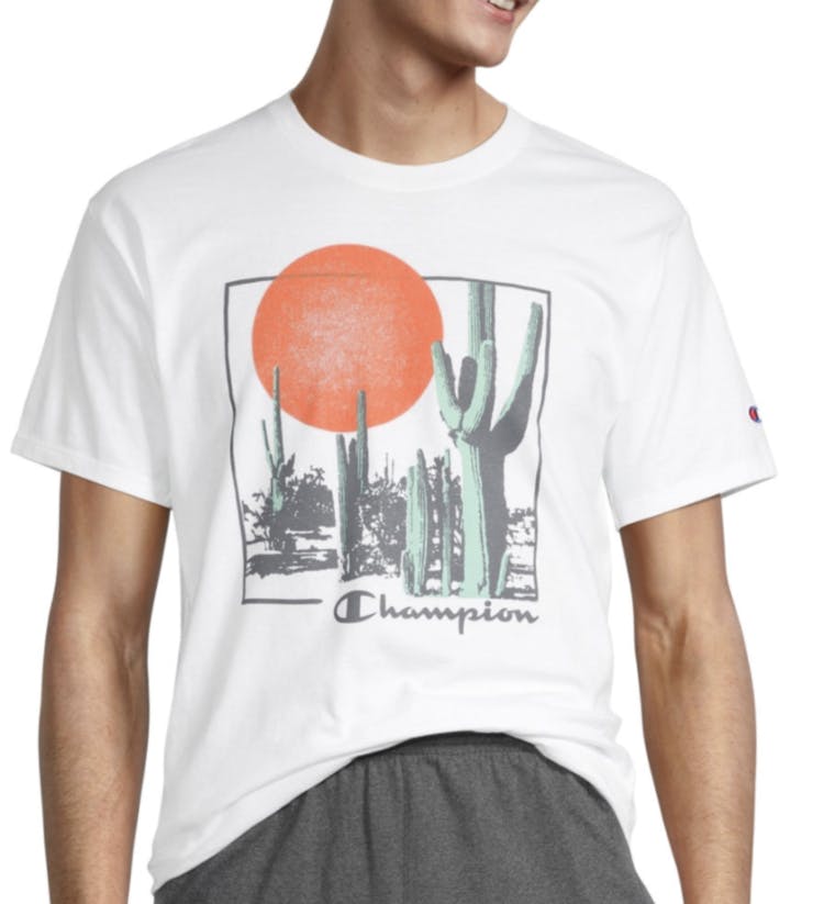 a mens white champion shirt with cacti and a orange sun on it
