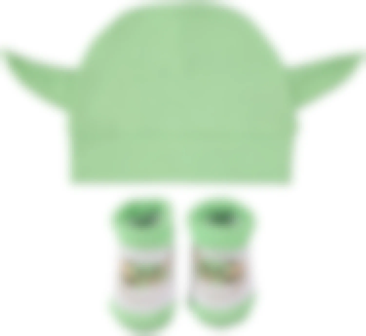 A Baby Yoda hat and matching socks on a white background.