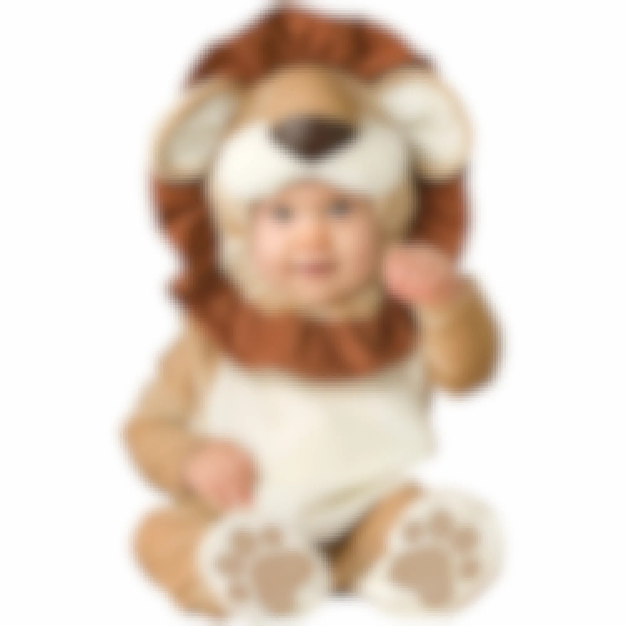 A baby wearing a lion costume on a white background.