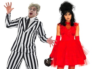 Two people dressed as Beetlejuice and Lydia Deetz on a white background.