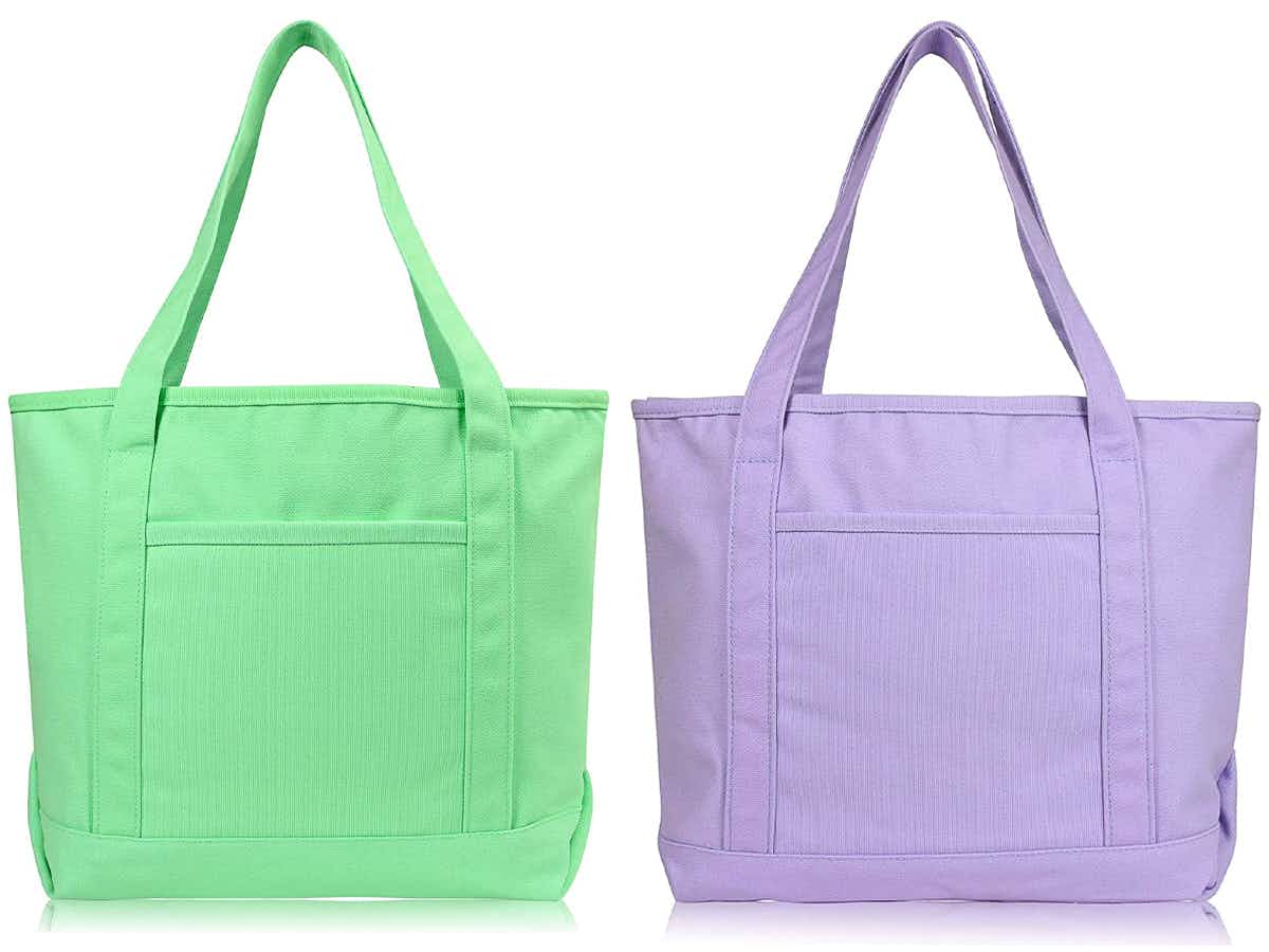Two different colored tote bags on a white background.