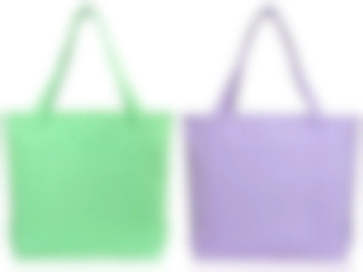 Two different colored tote bags on a white background.