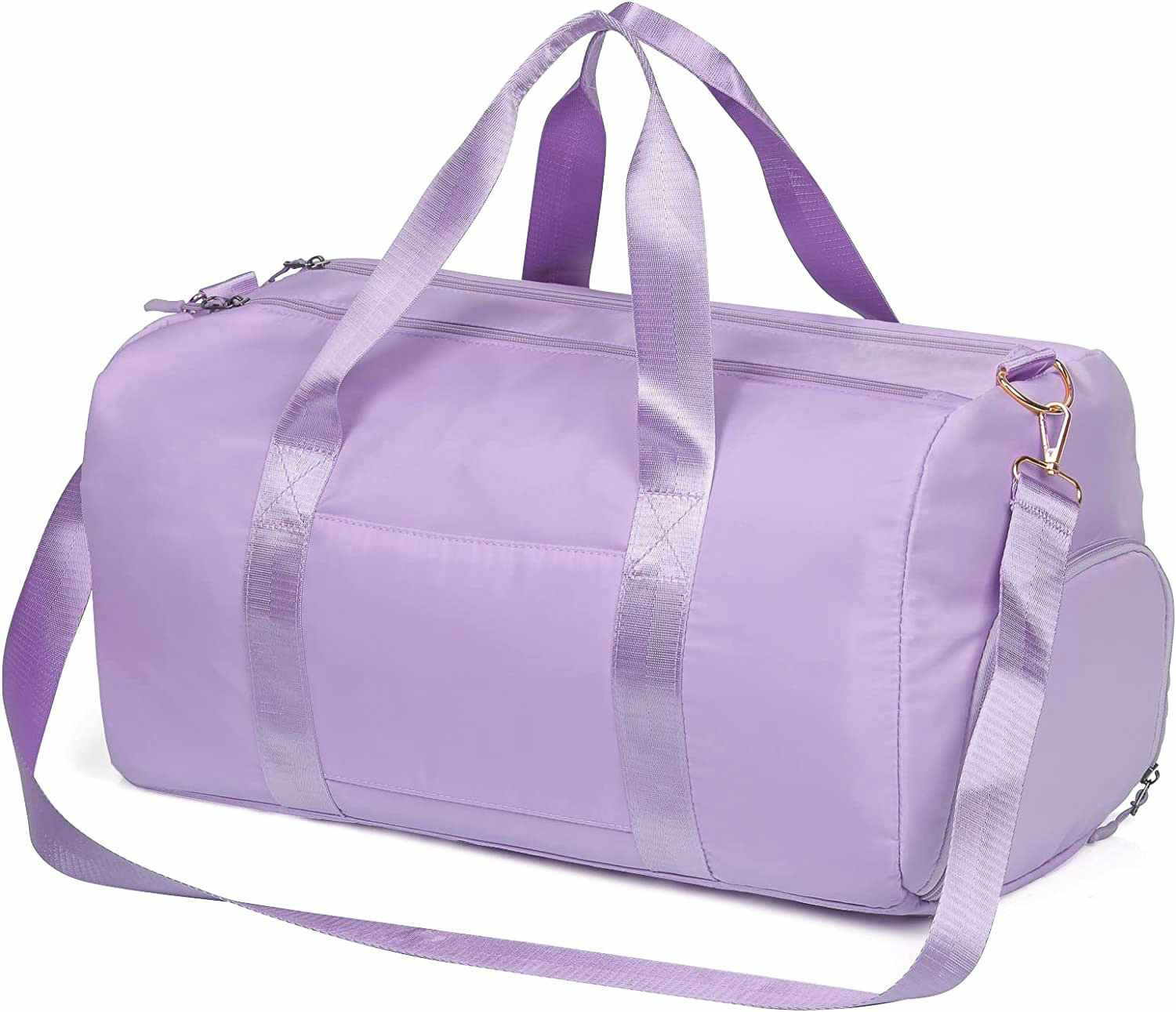 A lavender-colored dufflebag on a white background.