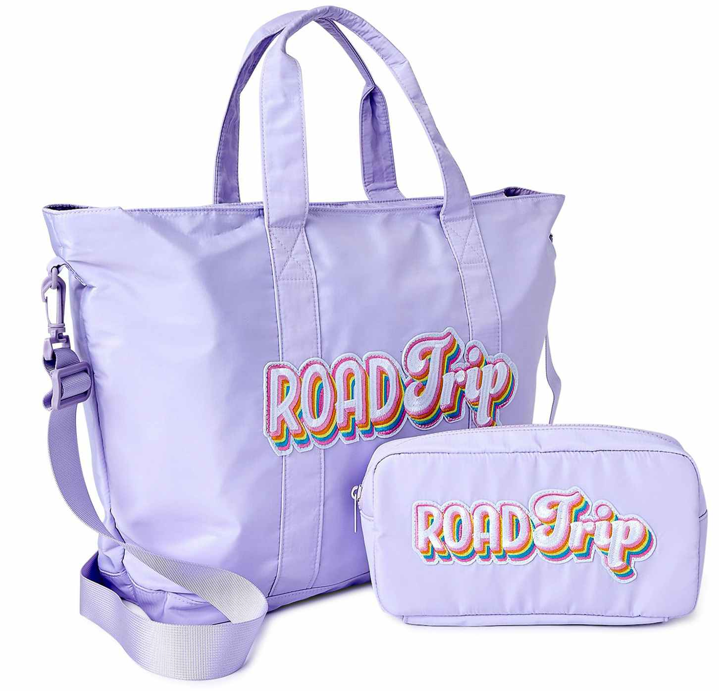 A lavender-colored tote bag and pouch with the words "Road Trip" printed on their fronts, on a white background.