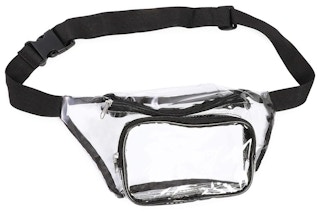 A clear fanny pack bag on a white background.