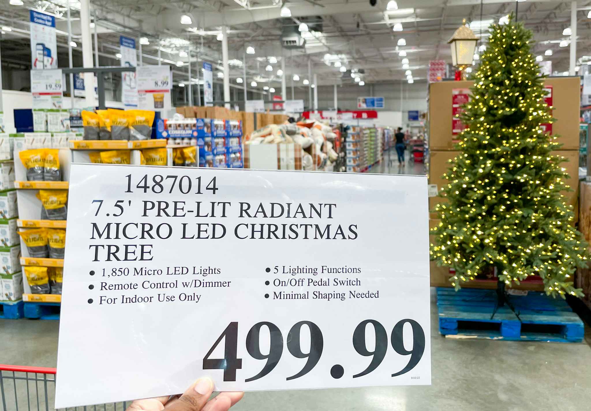 christmas tree with hand held sale sign at costco