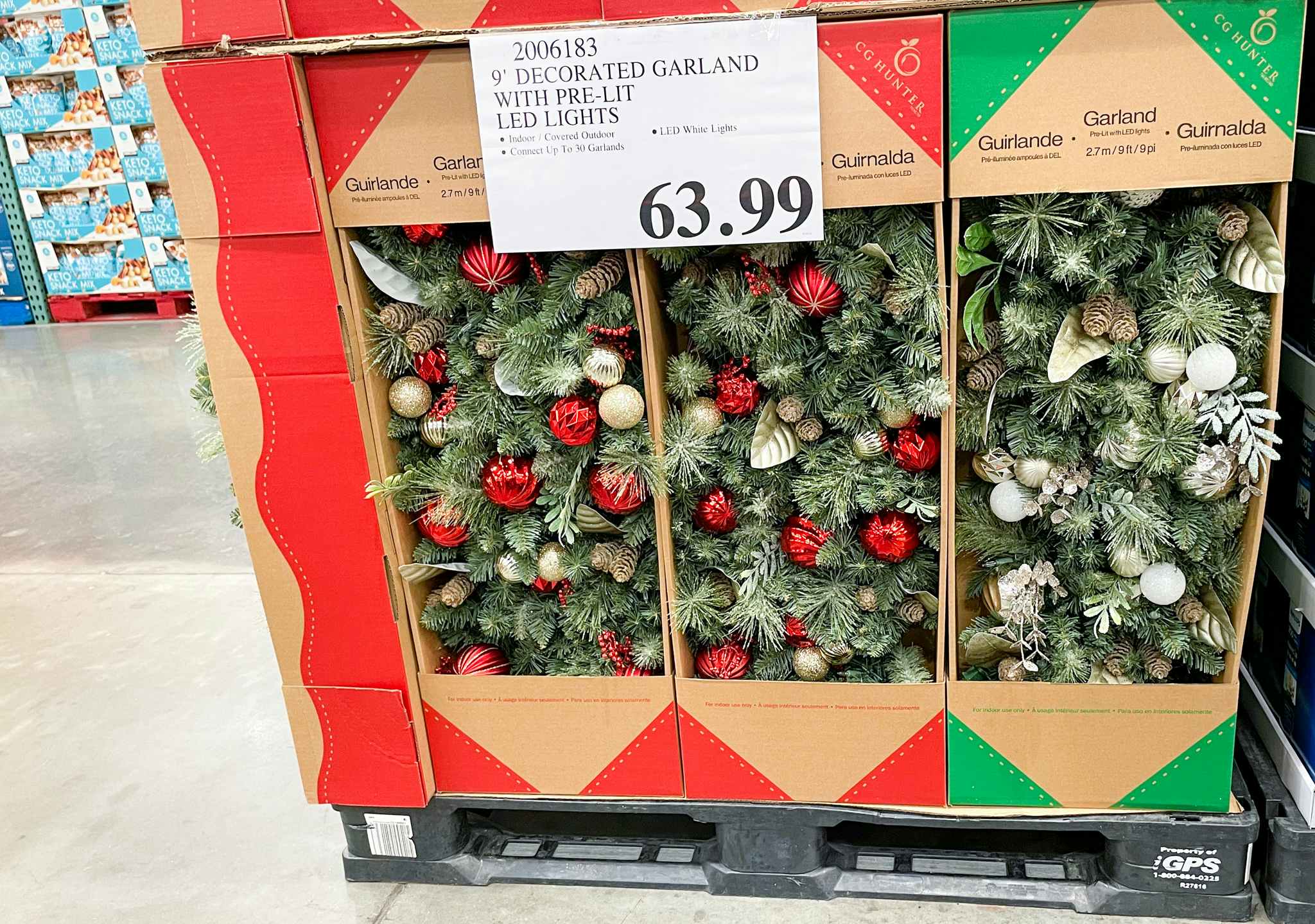 garland i boxes with sale sign at costco