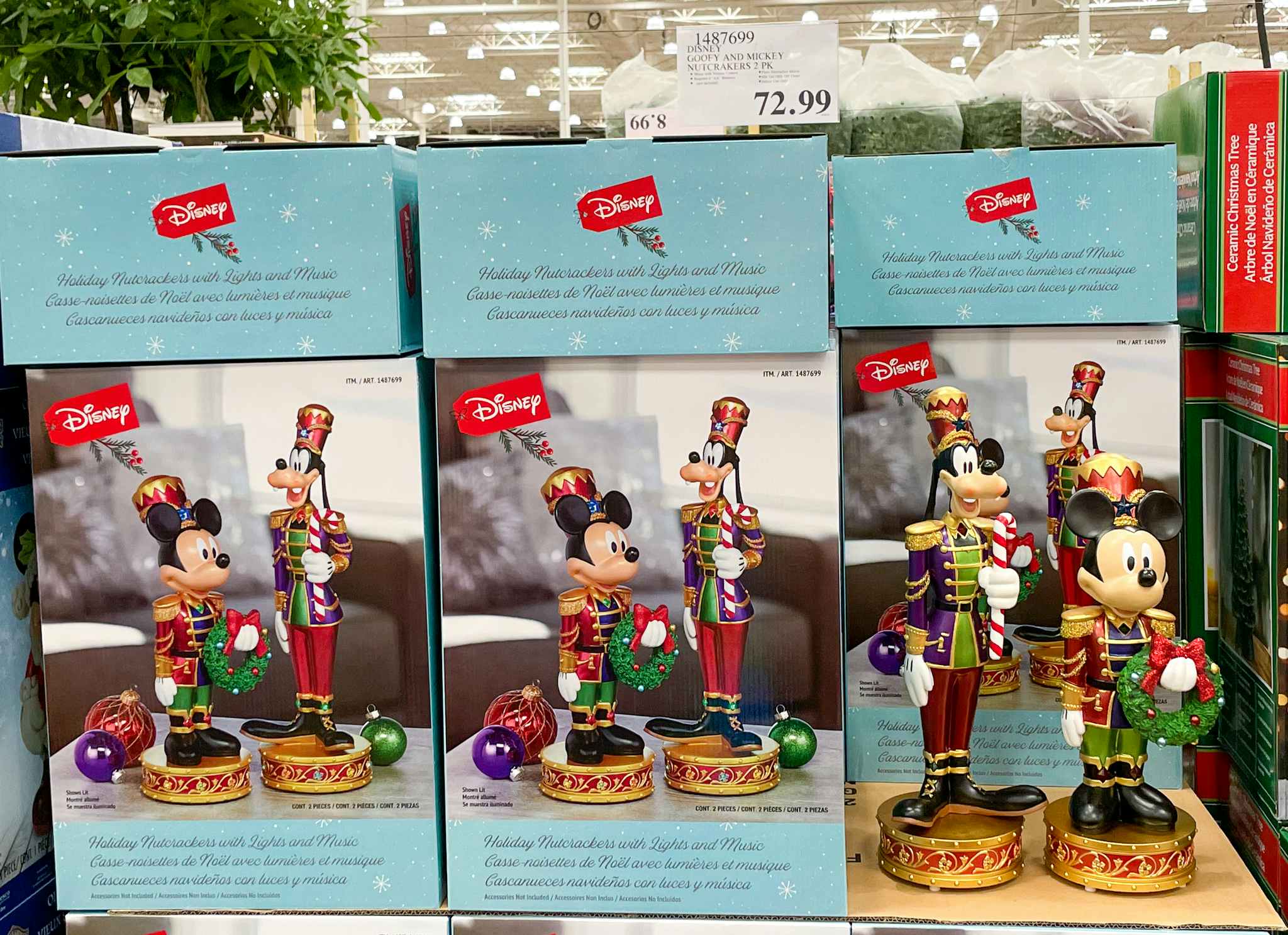 Disney Mickey and Goofy nutcrackers on display with sale sign at costco 
