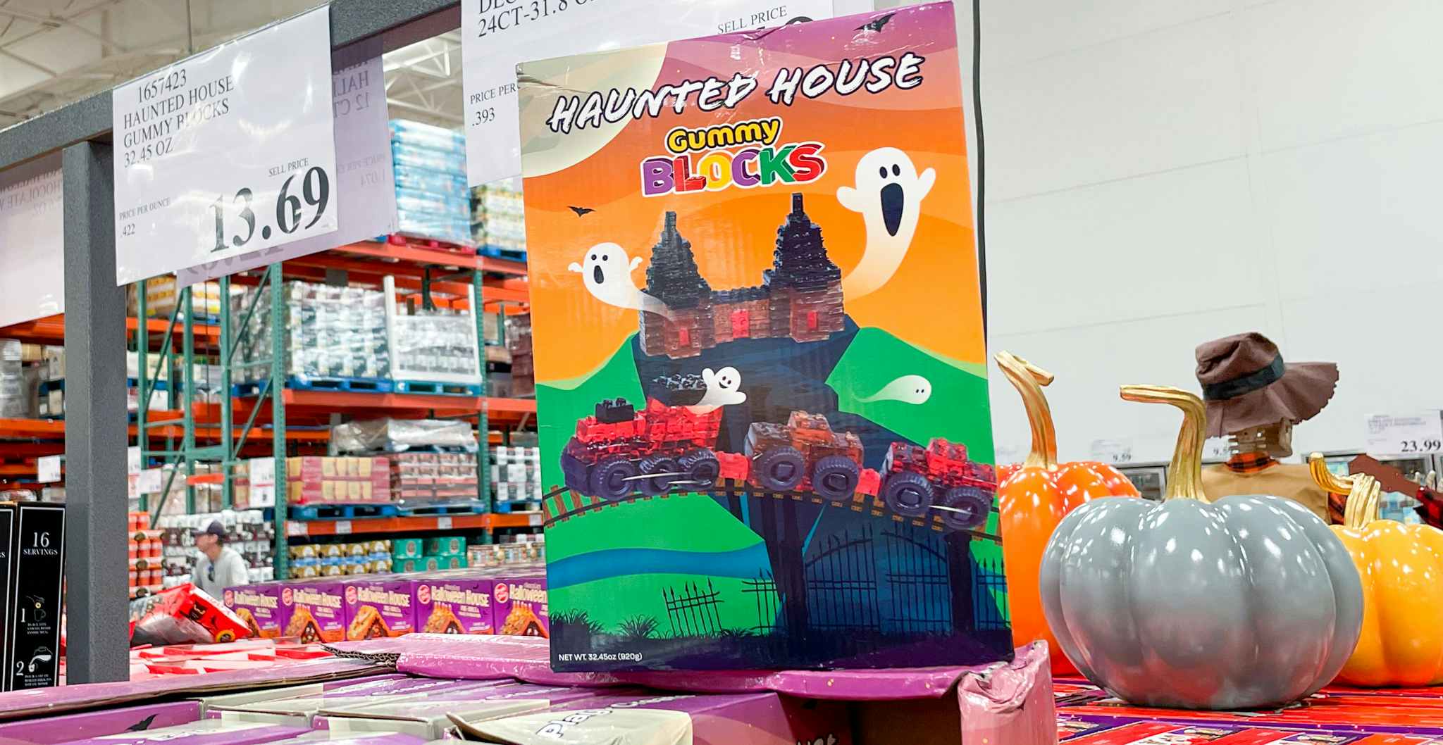 halloween gummy blocks on display with sale sign at costco