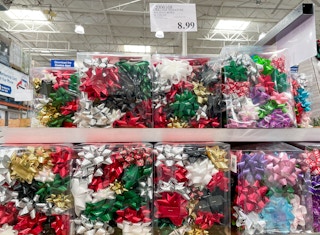 holiday bows with sale sign at costco