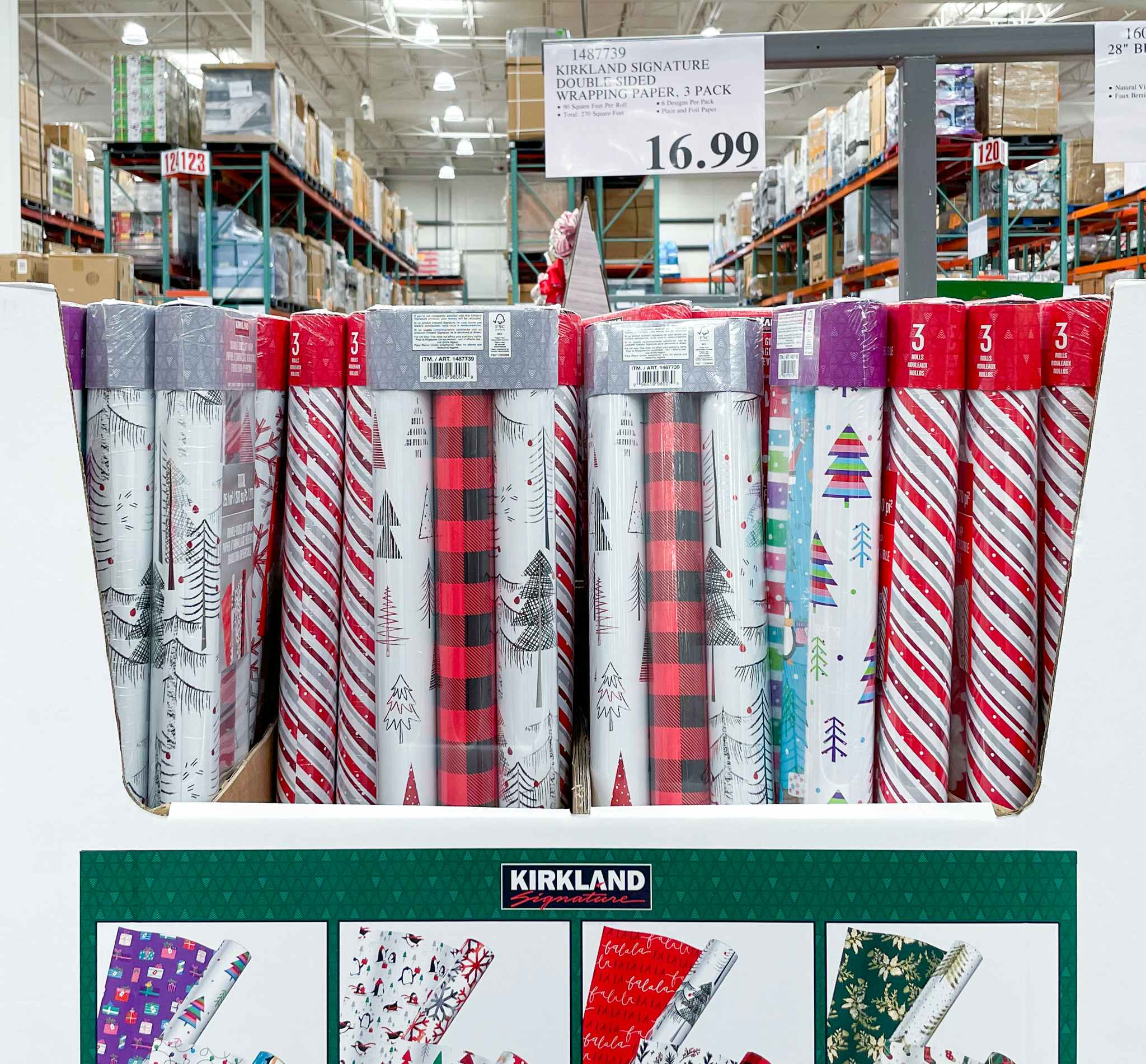 wrapping paper on display with sale sign at costco