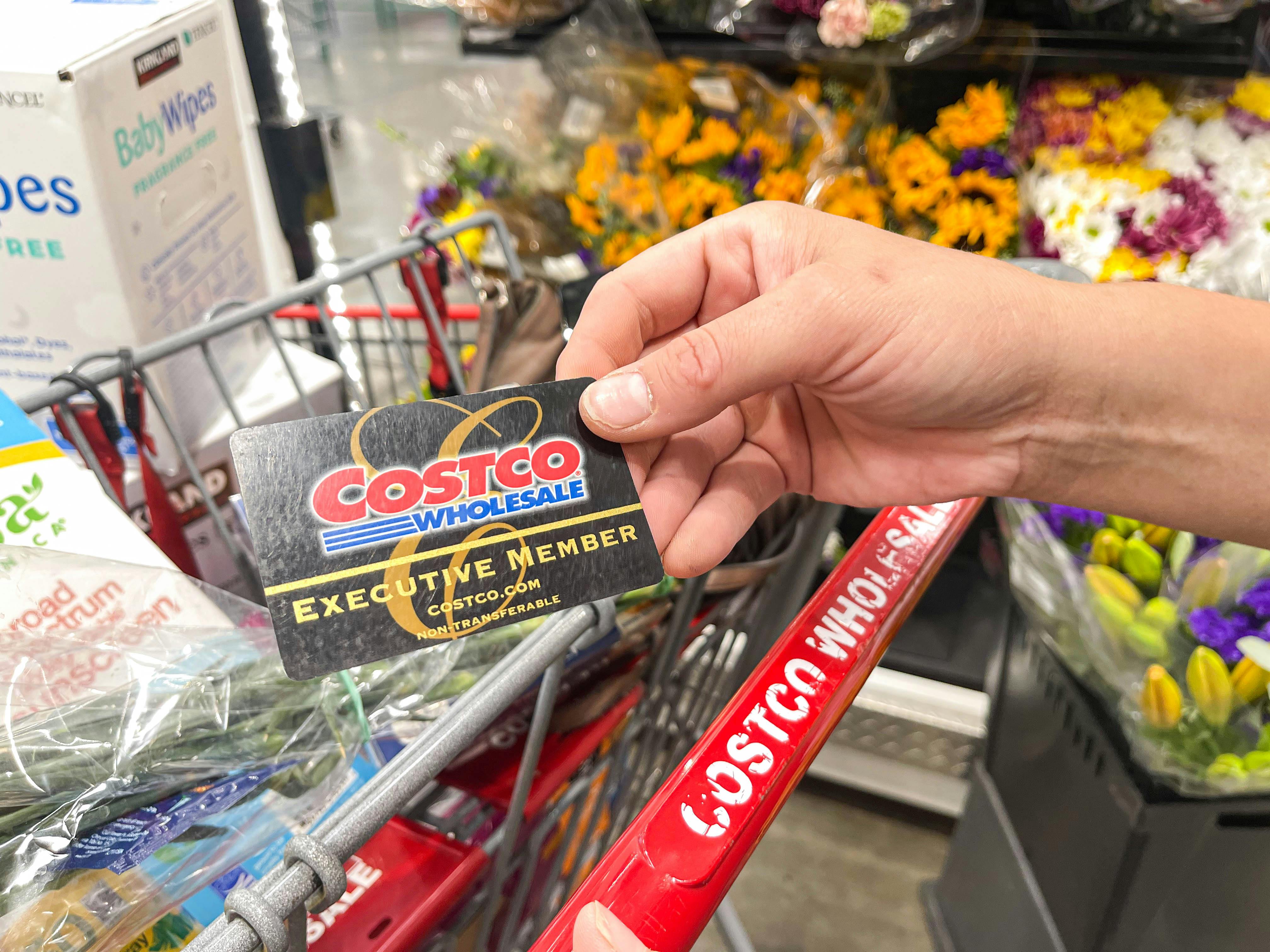 aperson holding a costco card in front of cart