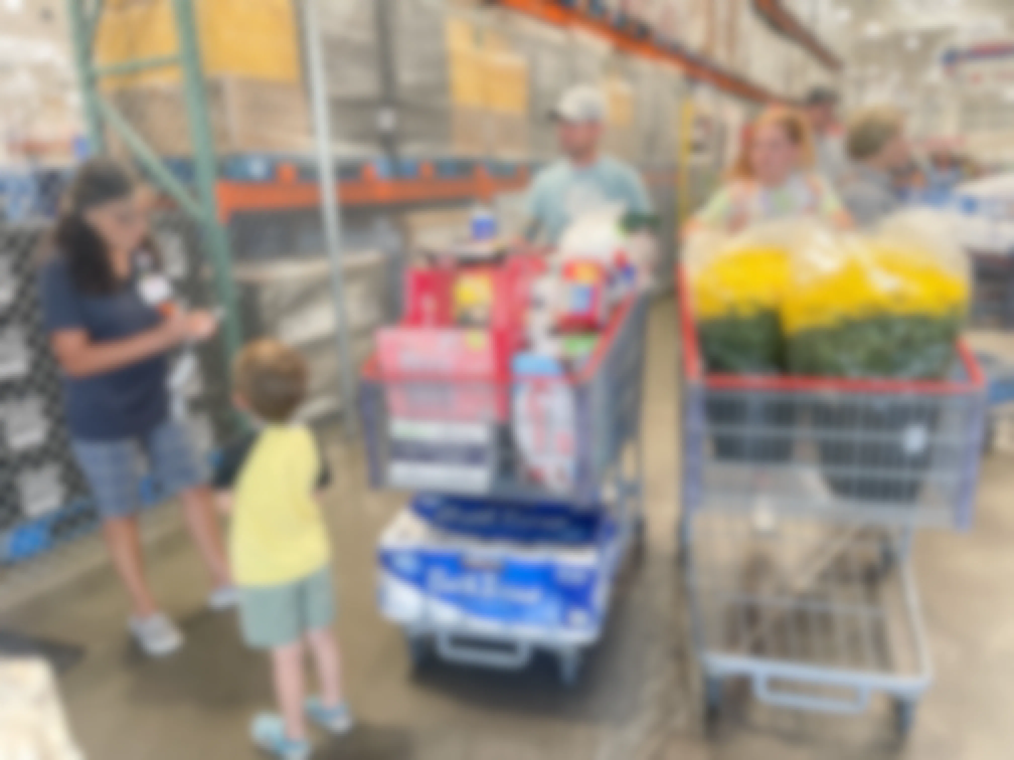 a family having the receipt checked at coctco with two carts 