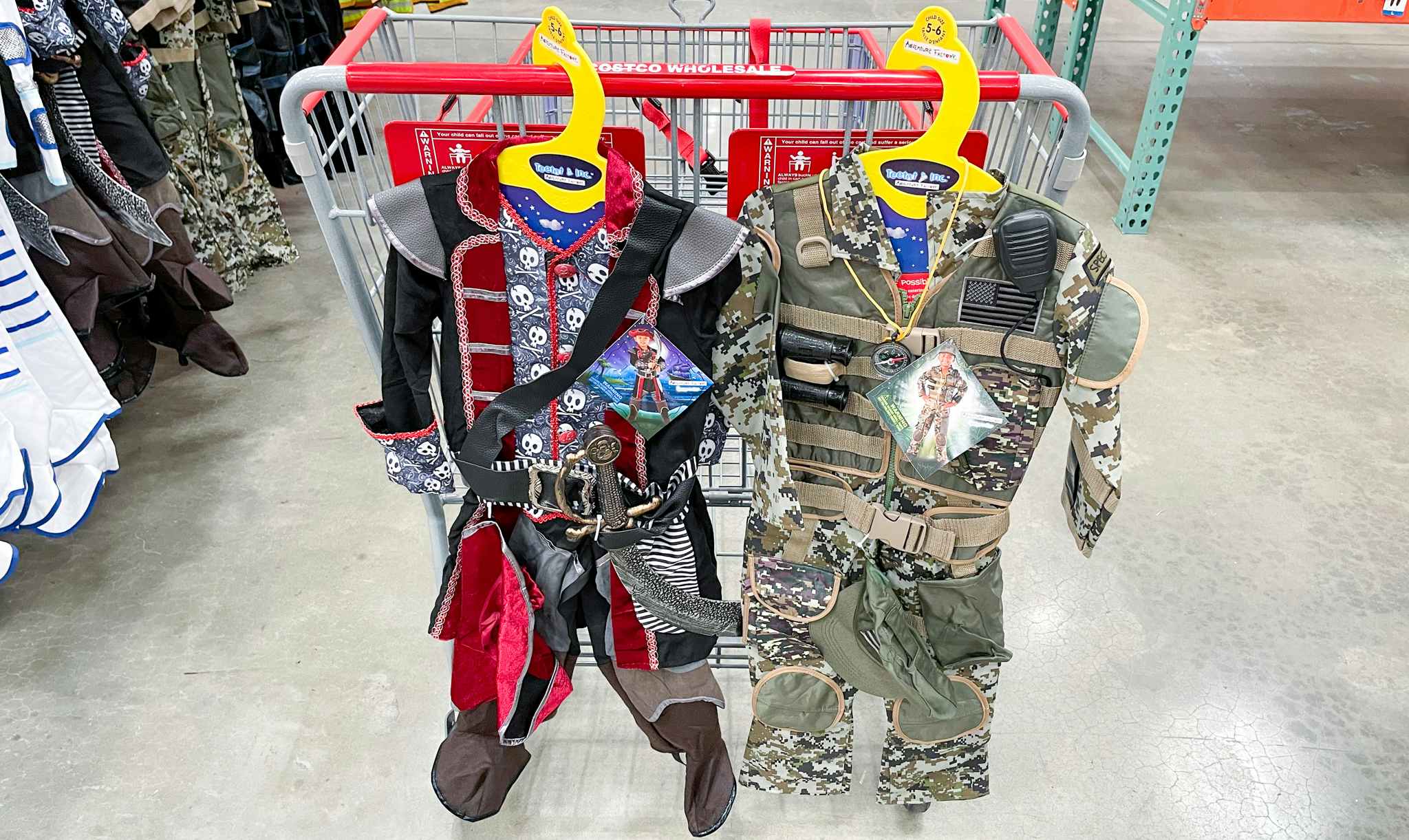 pirate and special forces costumes on a cart at costco