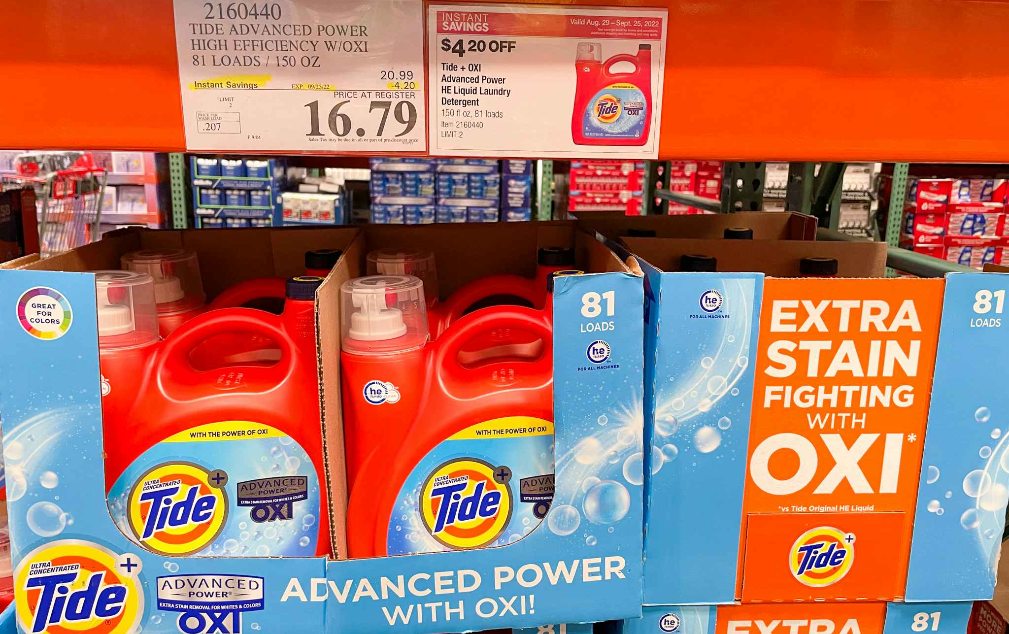 laundry detergent on a shelf at costco 