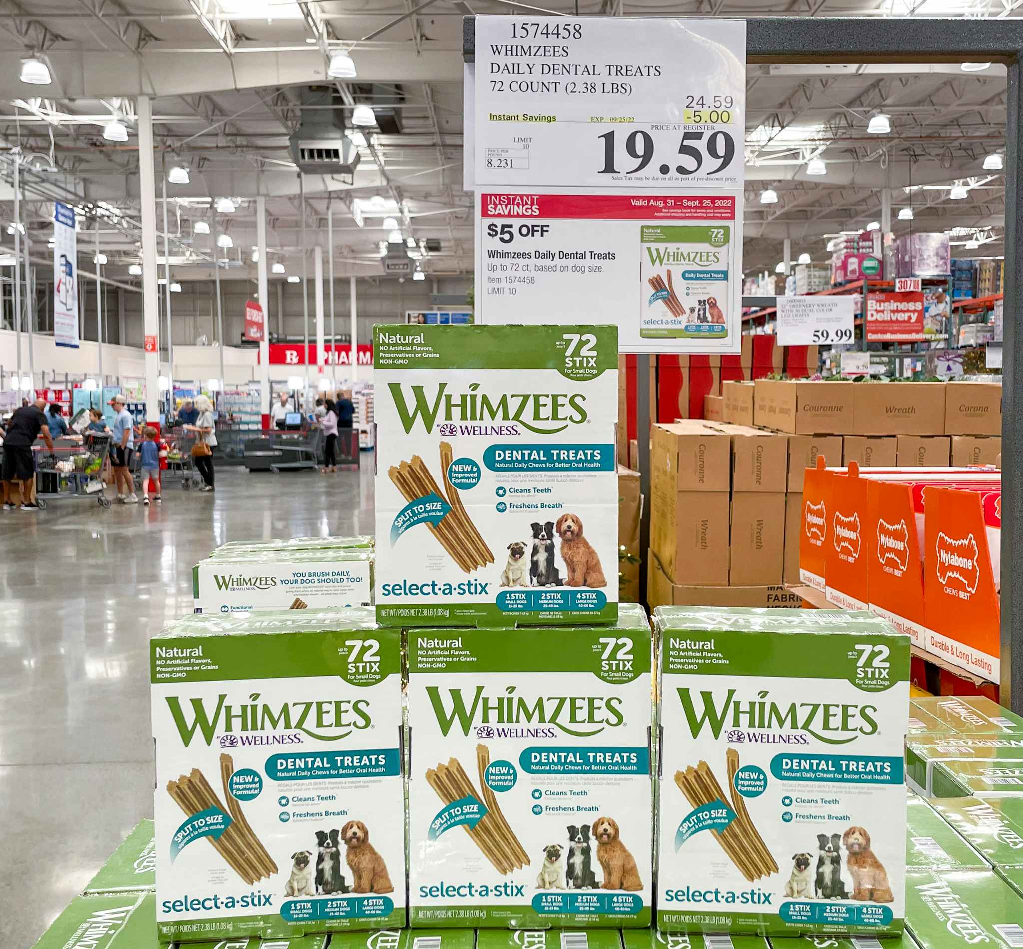 dog treats with sale sign at costco