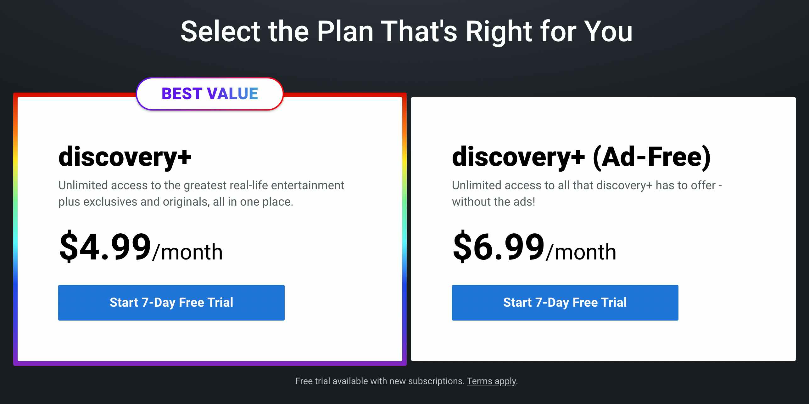 A screenshot of the Discovery Plus pricing chart on their homepage.