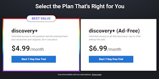 A screenshot of the Discovery Plus pricing chart on their homepage.
