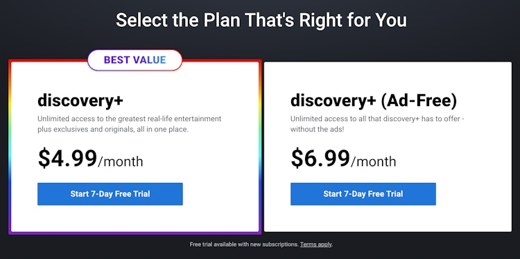 A screenshot of the Discovery Plus pricing chart on their homepage.