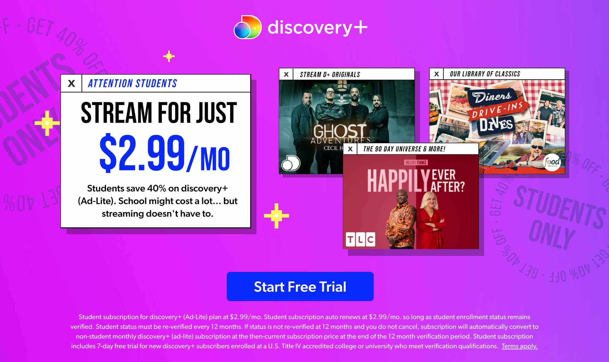 A screenshot of the Discovery Plus student offer.