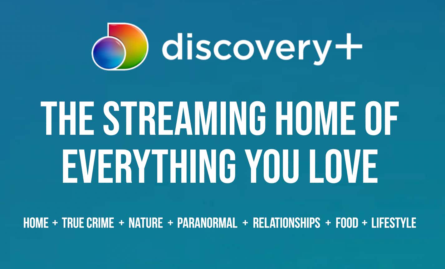 A screenshot from the Discovery + website that reads, "Discovery plus, the streaming home of everything you love" with a list of genres.