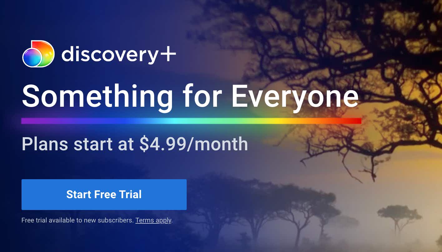 A screenshot from the Discovery Plus website banner with the free trial button