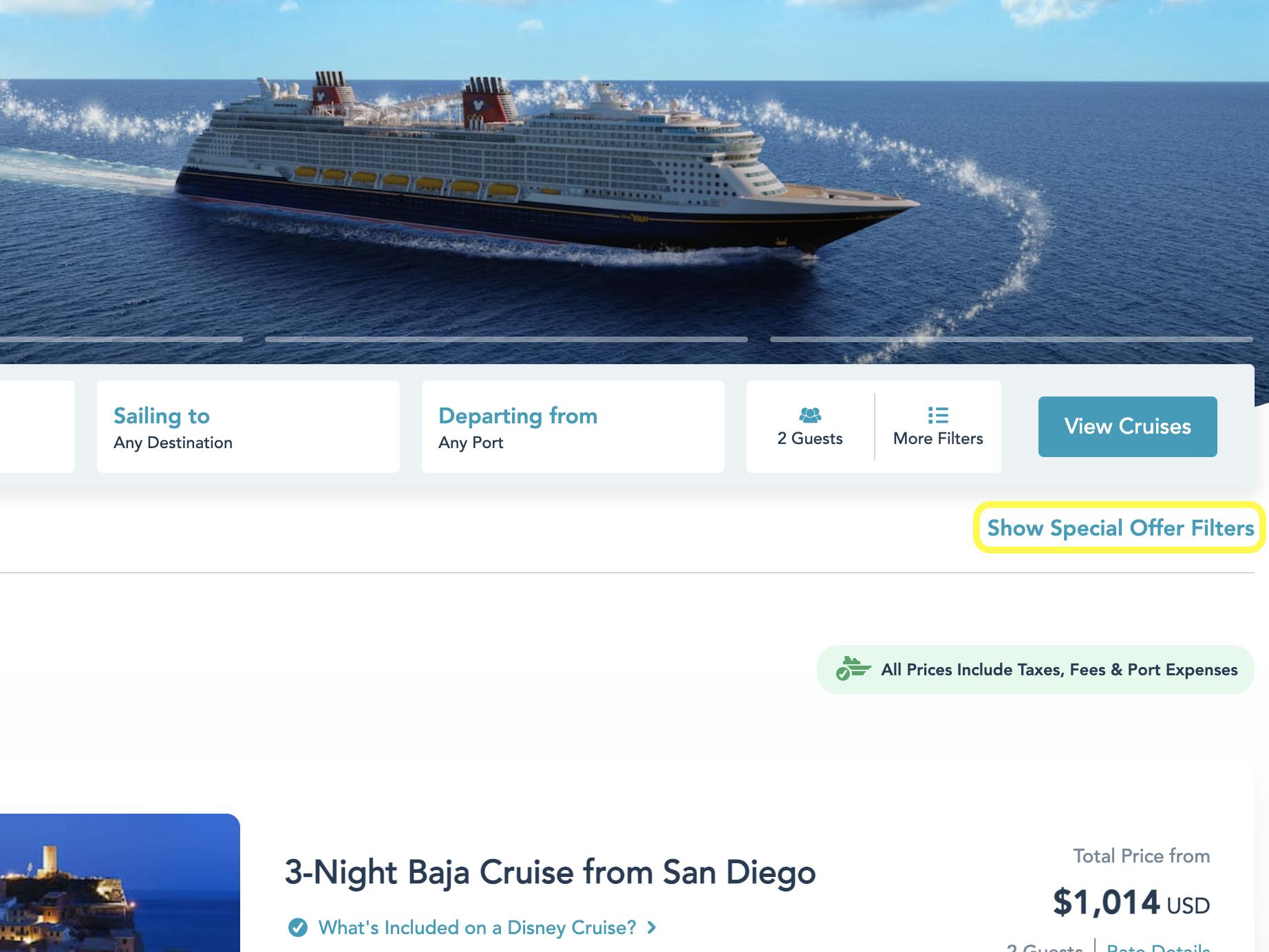 A screenshot of the Disney cruise website with a yellow box circling "Show Special Offers Filters