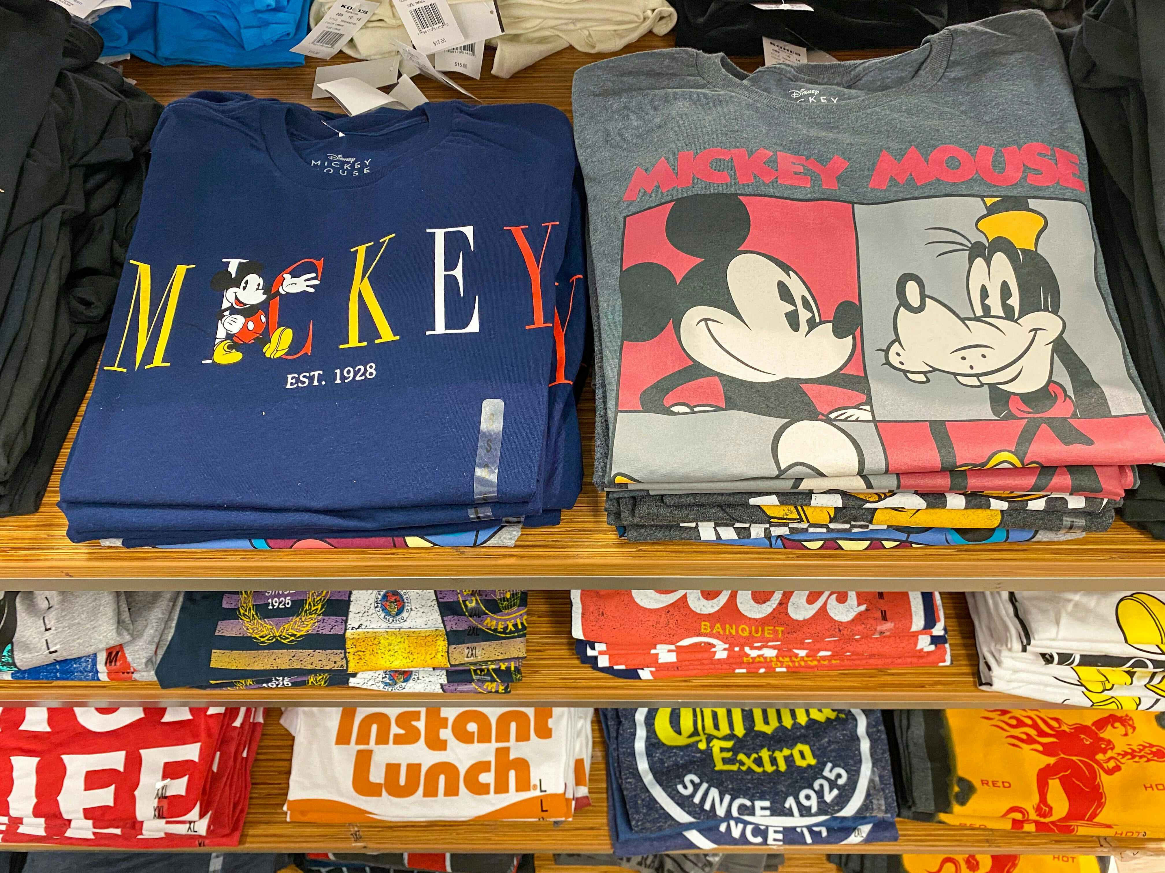 Mickey Mouse Graphic tees folded on a shelf