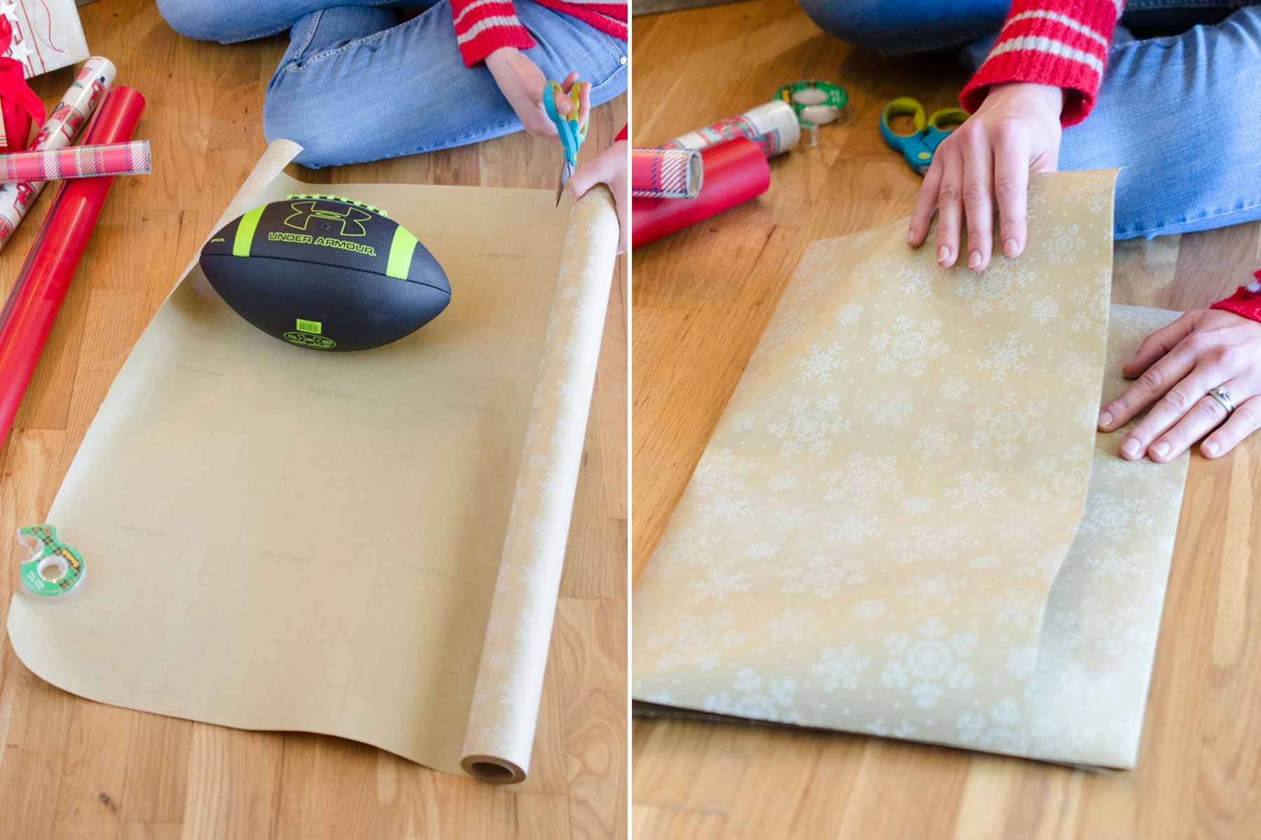 A person cutting and folding wrapping paper.