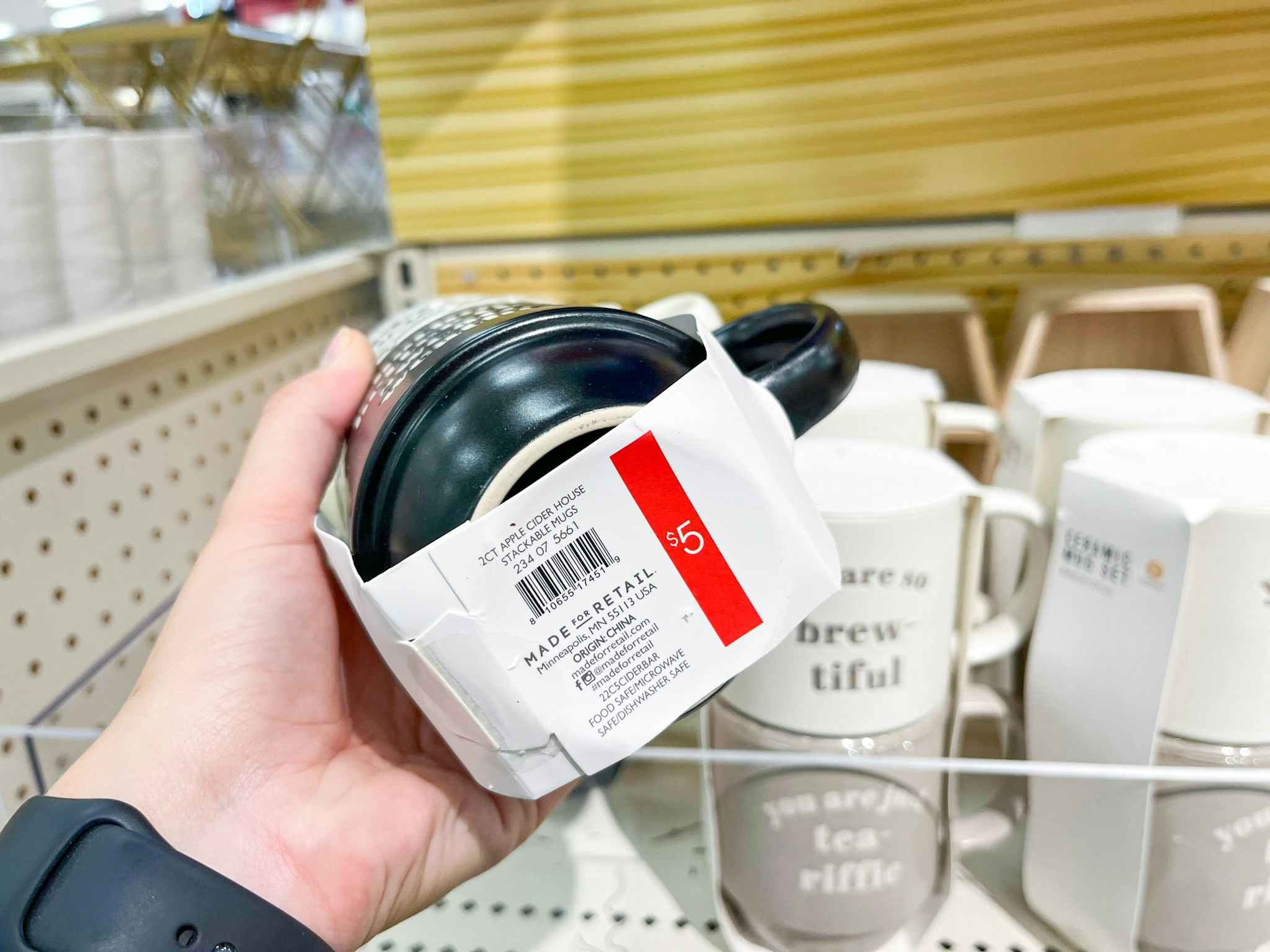 photo of the five dollar price tag for a set of two mugs at target