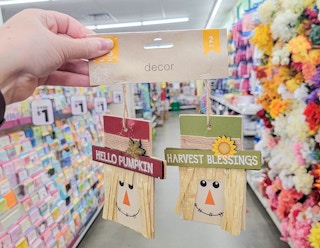 hand holding a 2-pack of scarecrow decor, one says hello pumpkin one says harvest blessings