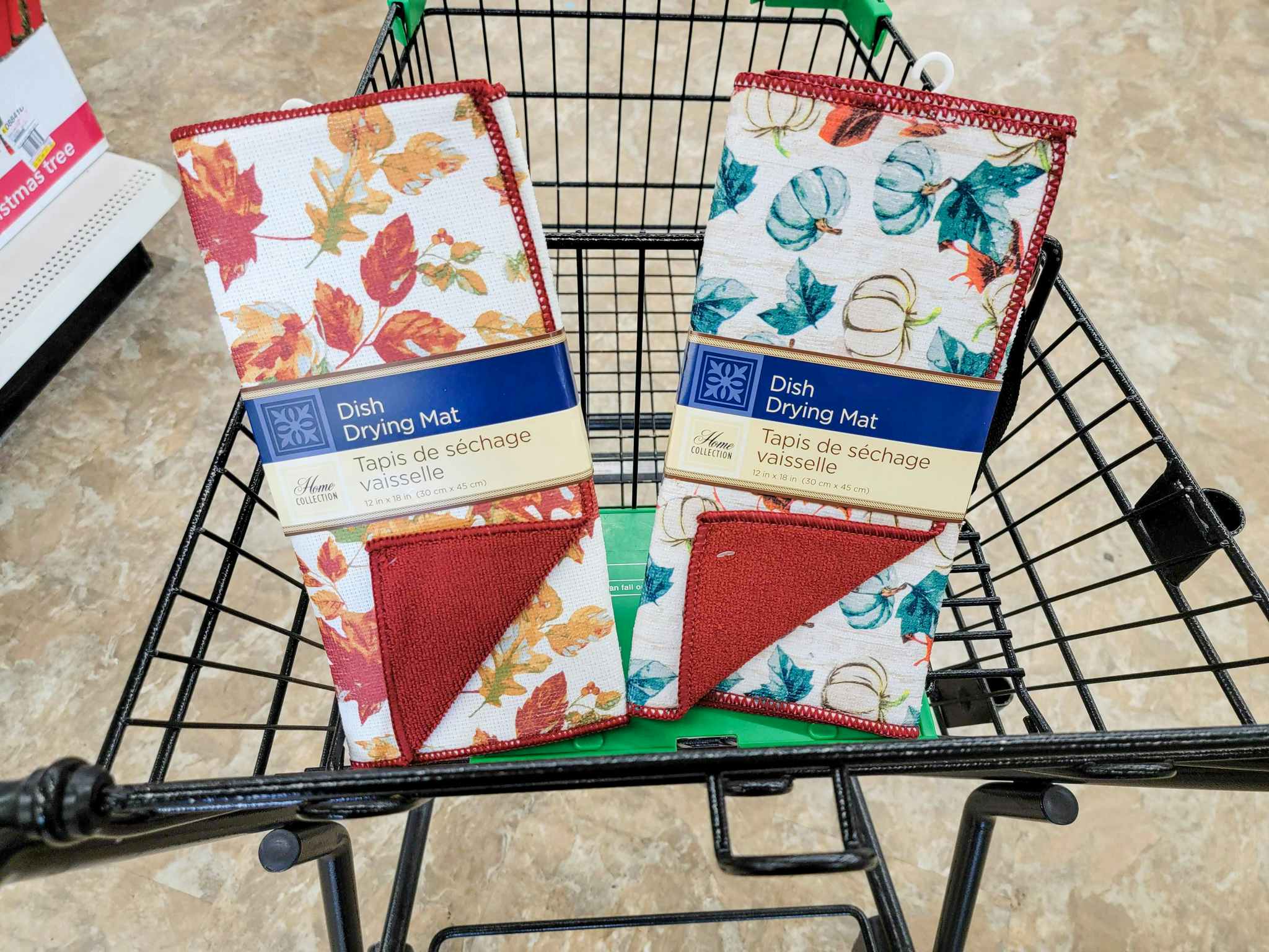 fall themed dish drying mats in a cart