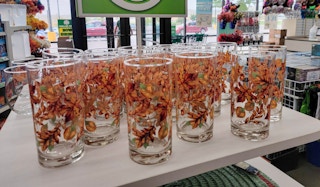 fall glassware on a shelf