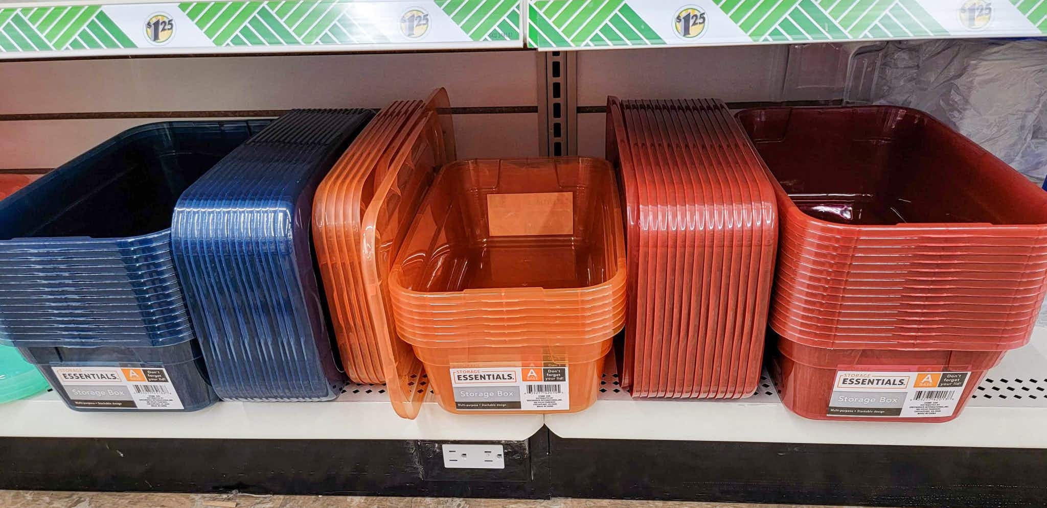 navy, rust, and red storage bins with lids