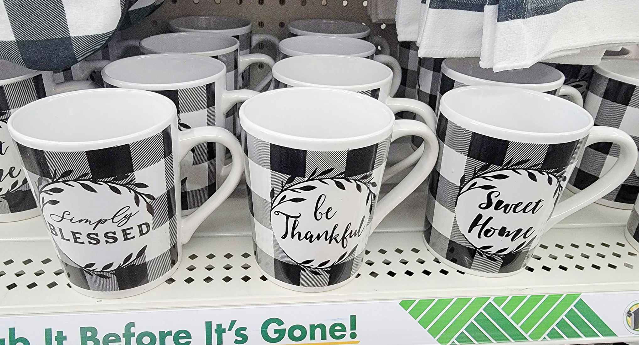 white & black buffalo plaid coffee mugs that say simply blessed, be thankful, and sweet home