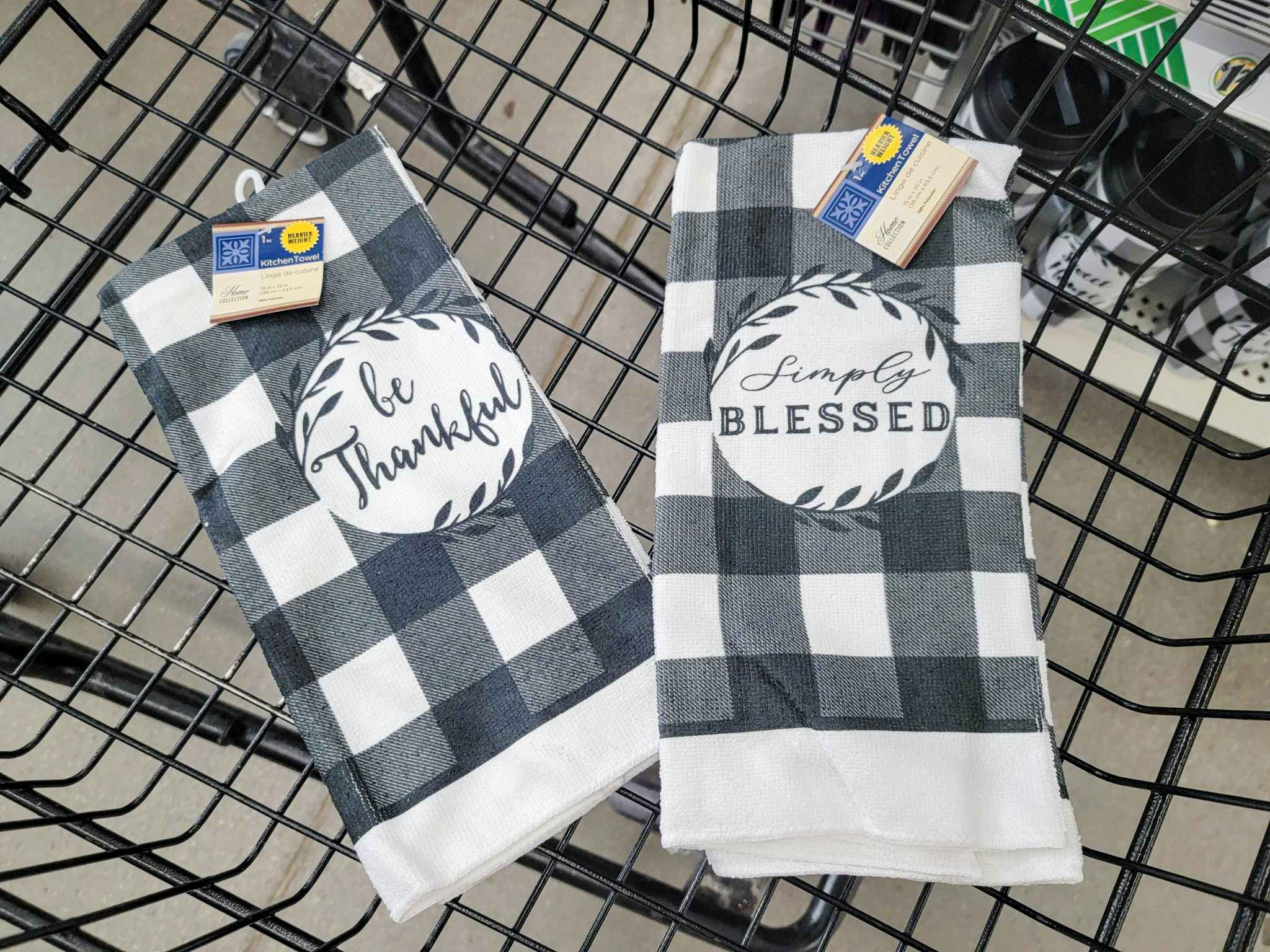 buffalo plaid kitchen towels that say be thankful and simply blessed