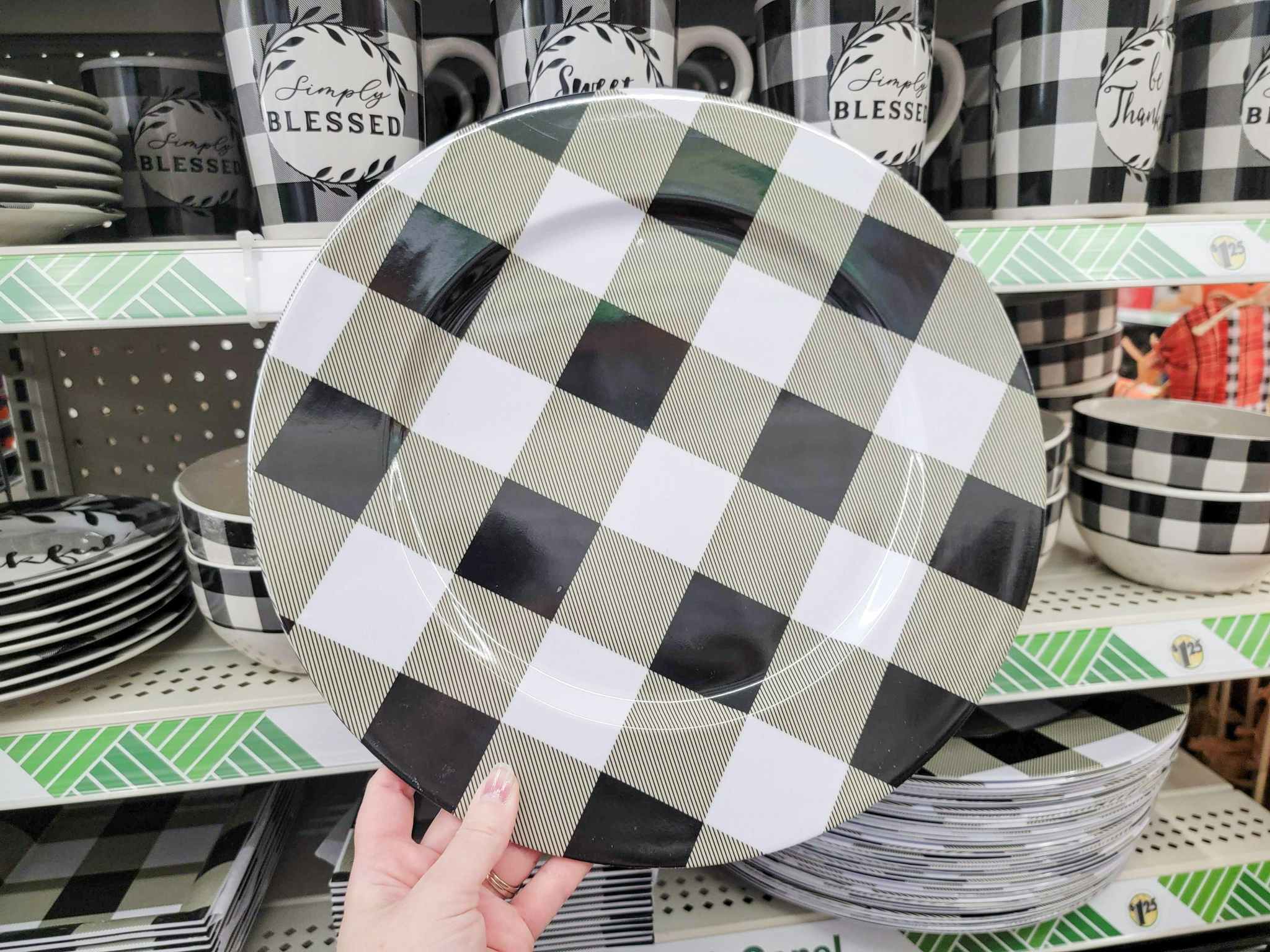 hand holding a large white & black buffalo plaid plate