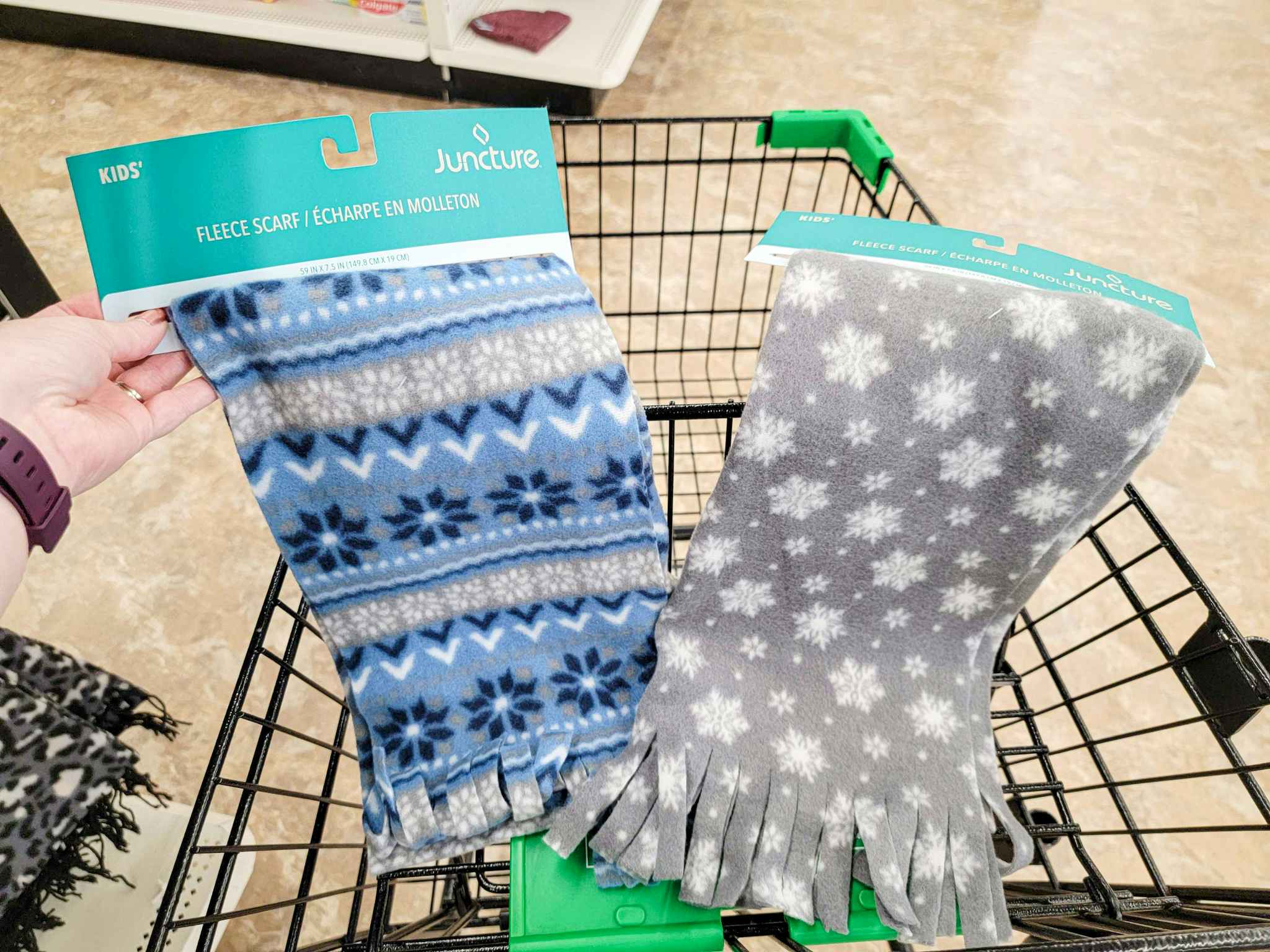 printed fleece scarves in a cart