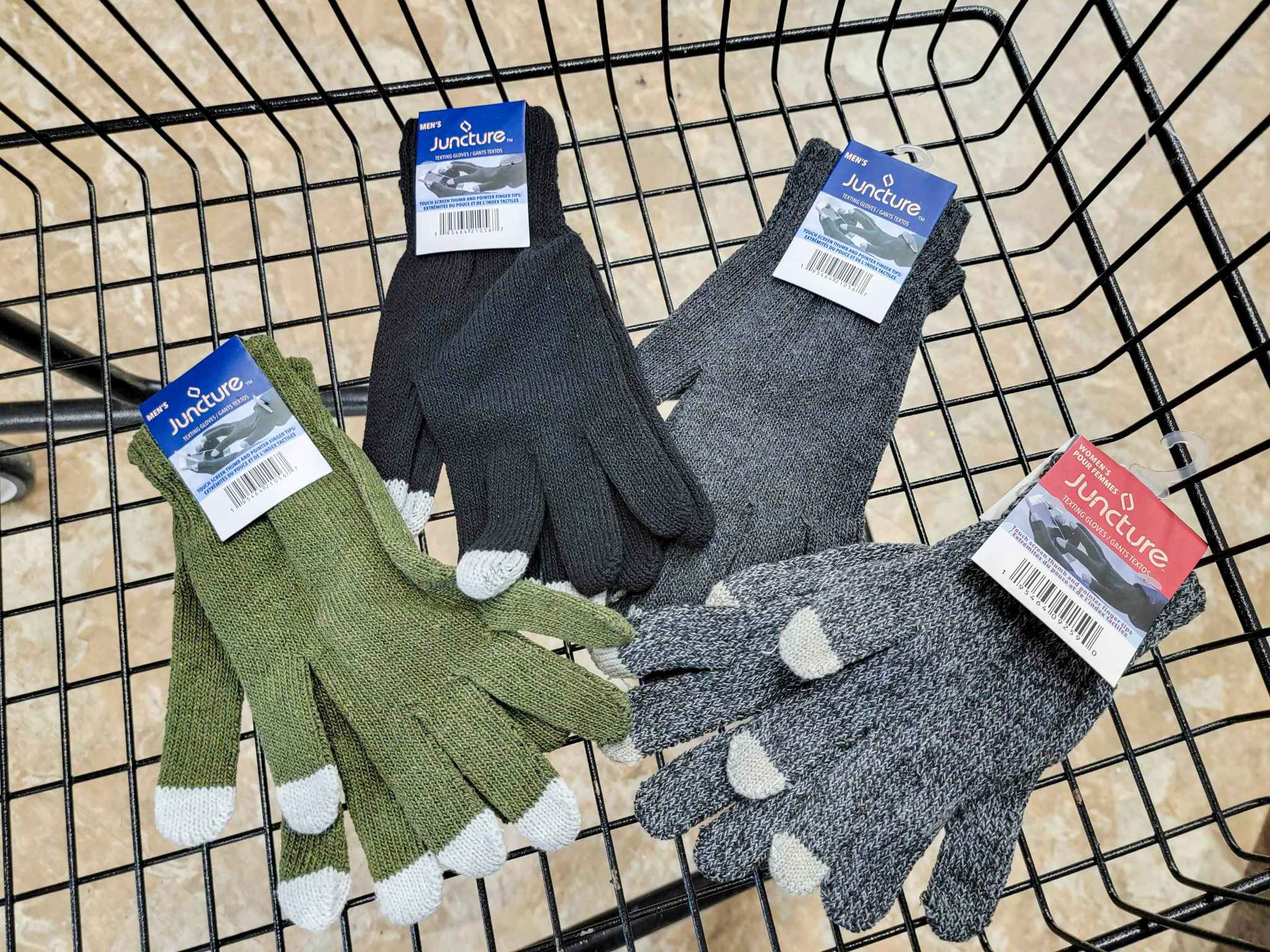 four pairs of smart phone touch gloves in a cart