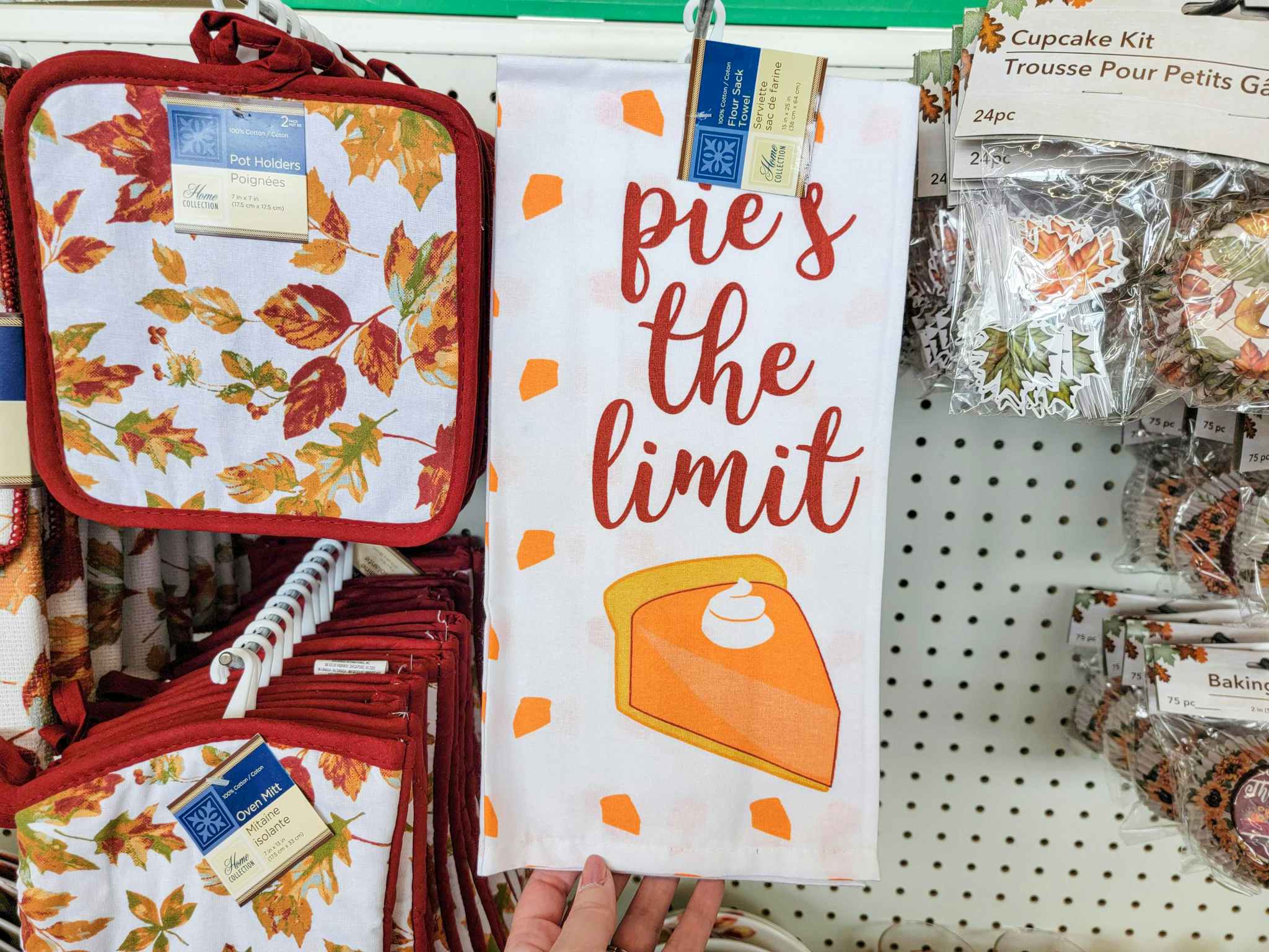 flour sack towel that says pies the limit with a piece of pumpkin pie on it