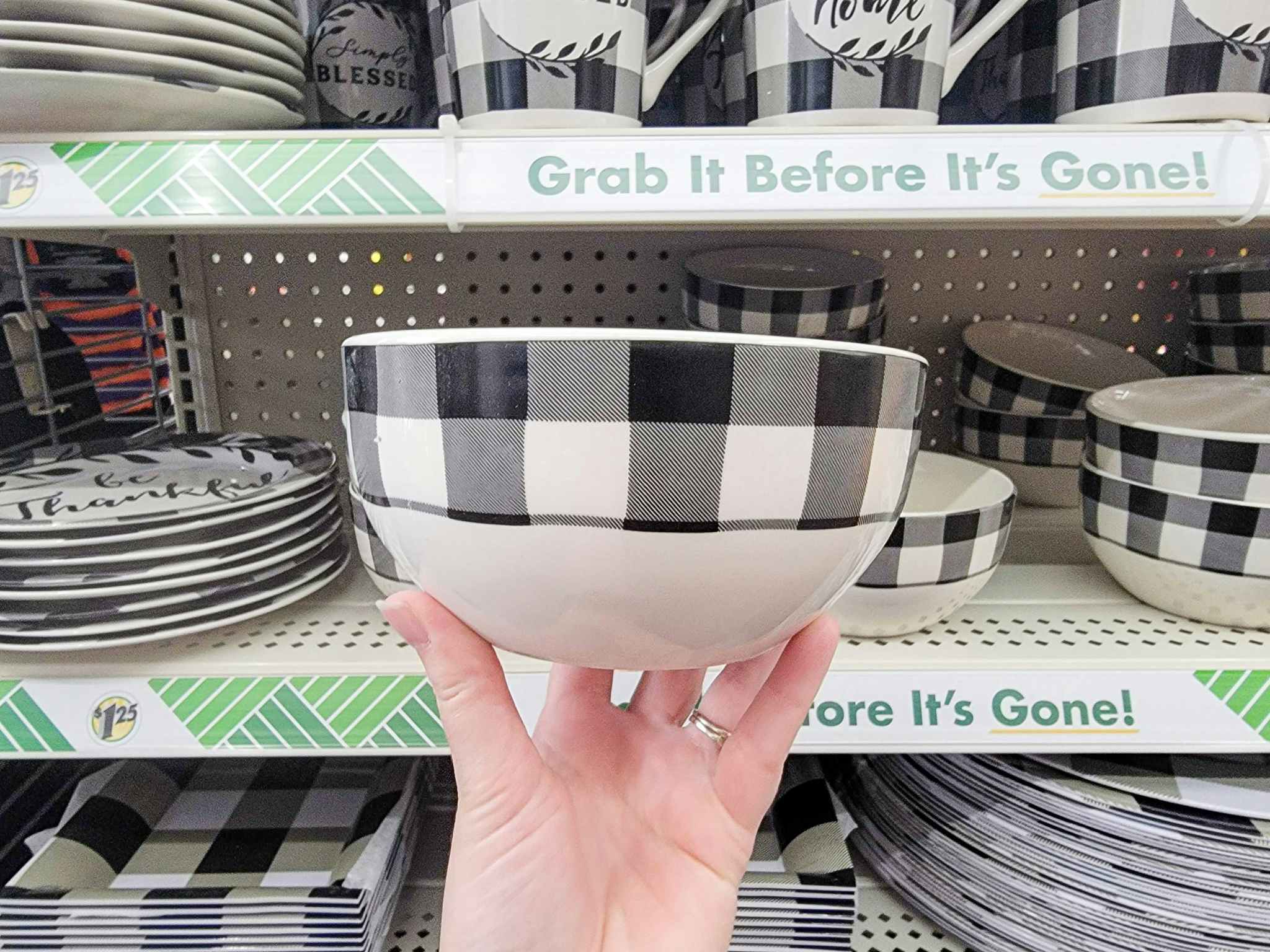 hand holding a bowl that is white with buffalo plaid print around the edge