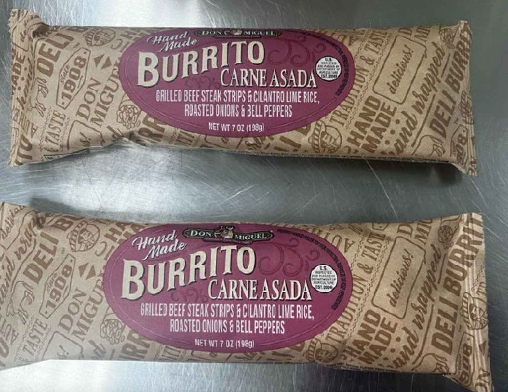 Photo of two of the recalled carne asada burritos from Don Miguel