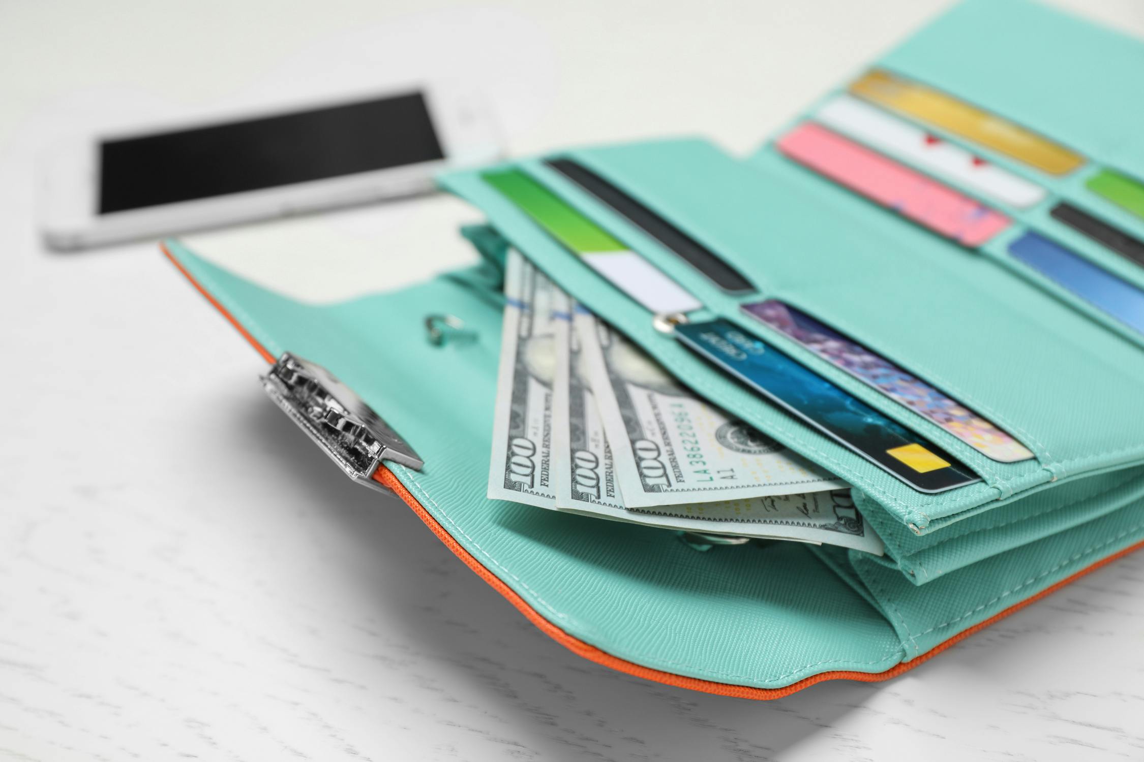 womens turquoise green wallet with cash and credit cards