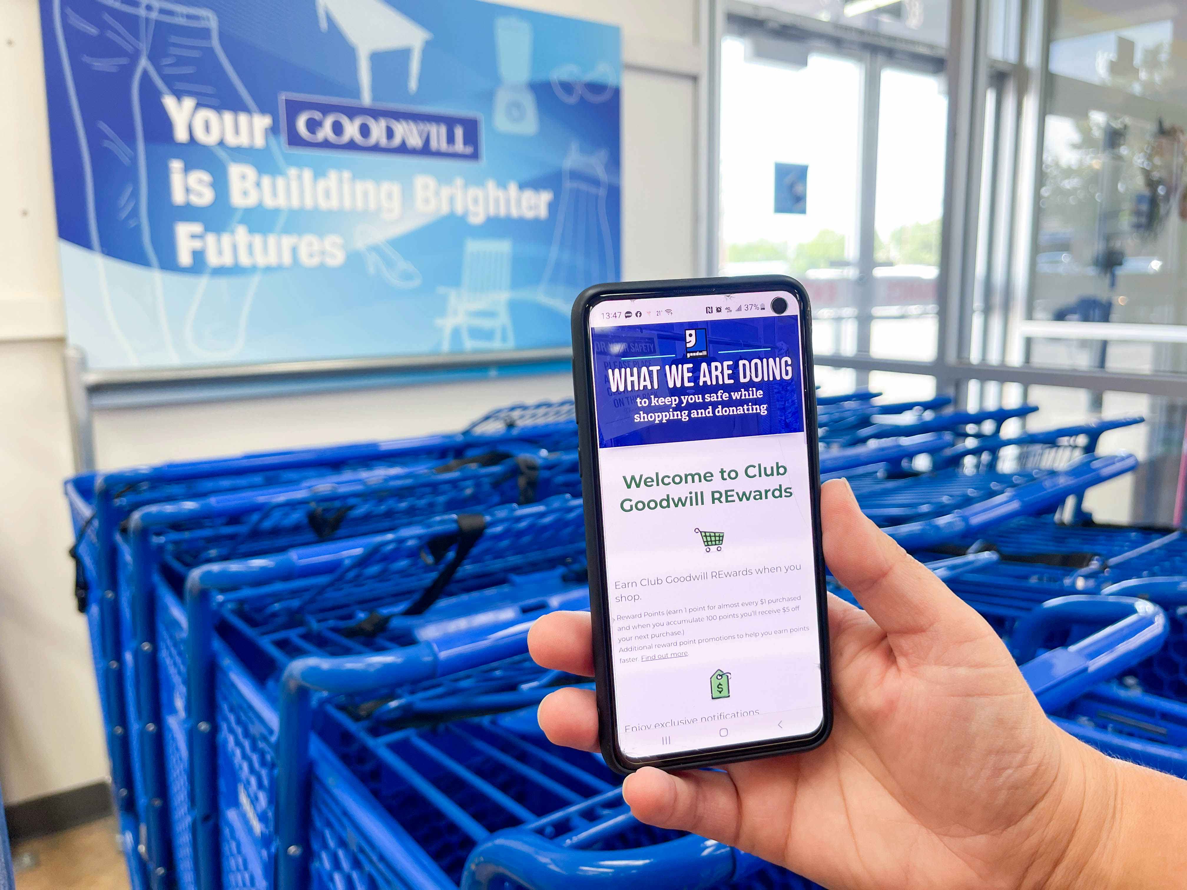 goodwill loyalty program info on cellphone being held in front of carts