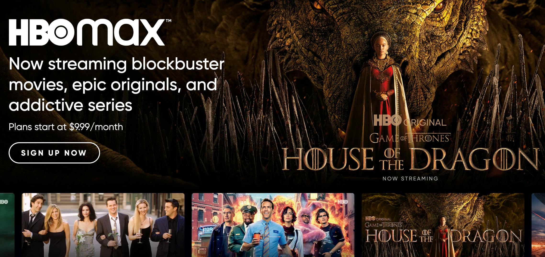 A screenshot of the HBO max home page featuring House of the Dragon 